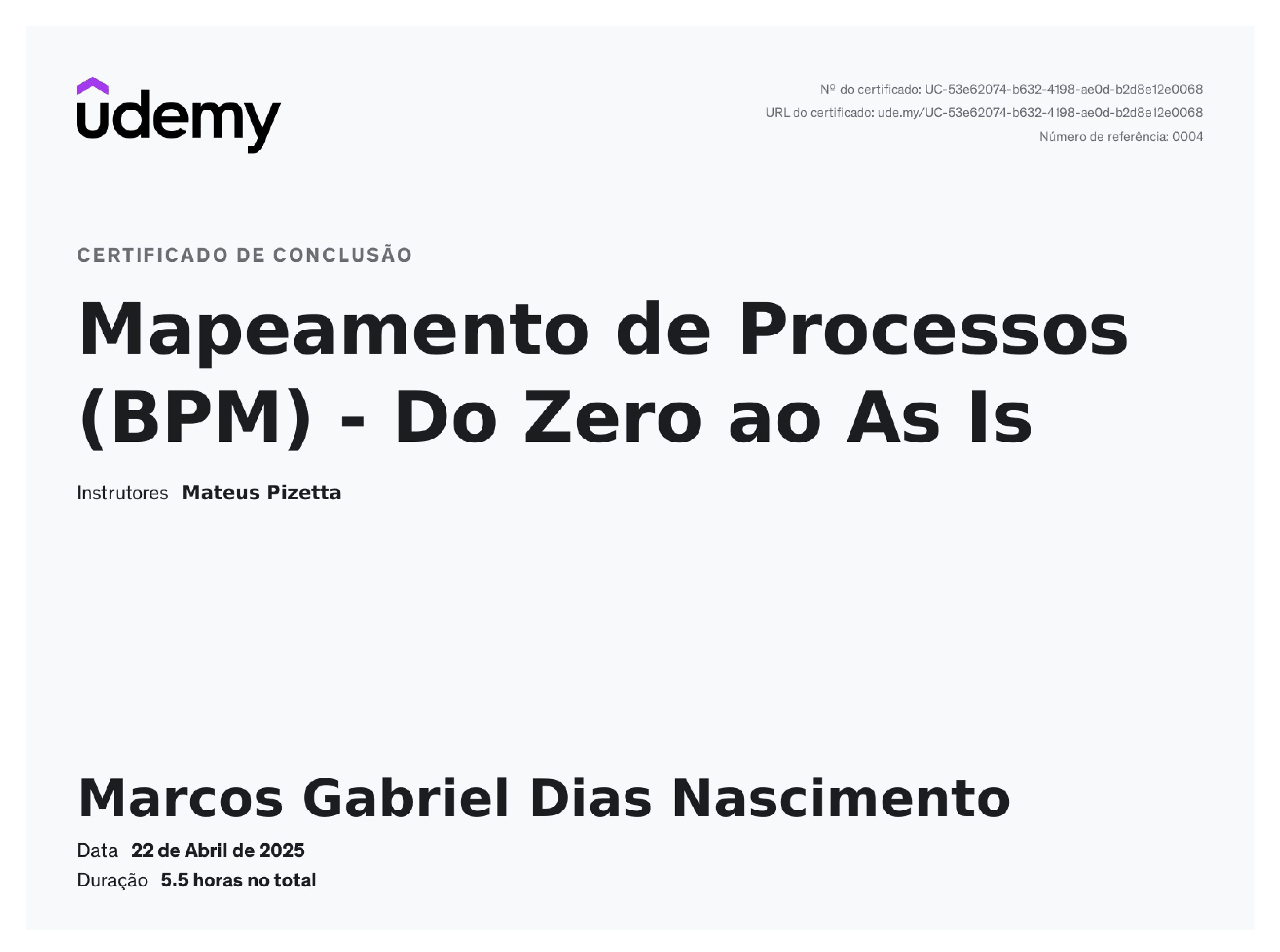 Certificado Mapeamento de Processos